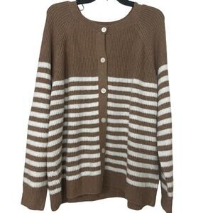 Market & Spruce Nina Brown Stripe Crewneck Cardigan Sweater 2X NWT Preppy Casual